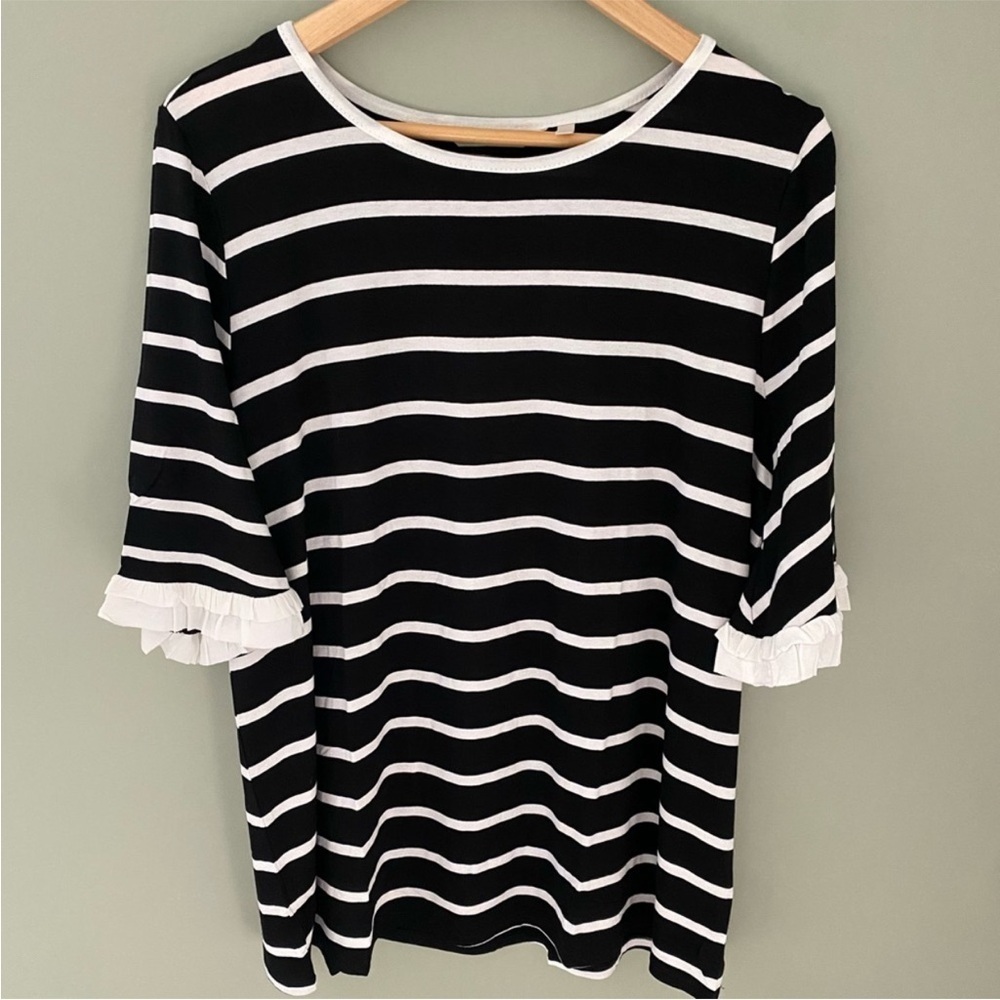 Soft Surroundings Dulcie Black/White Stripe Ruffle Top NWOT Size S